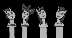 Size: 1214x648 | Tagged: safe, artist:samueljcollins1990, big macintosh, braeburn, shining armor, soarin', earth pony, pony, g4, black background, bust, disney, disneyland, grim grinning ghost, grim grinning ghosts, simple background, singing busts, the haunted mansion, walt disney world