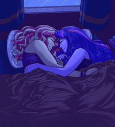 Size: 2700x3000 | Tagged: safe, artist:overlordneon, sunset shimmer, twilight sparkle, equestria girls, g4, bed, bedsheets, clothes, cuddling, cuddling in bed, duo, duo female, female, high res, lesbian, night, pillow, ship:sunsetsparkle, shipping, sleeping, sleeping together, smiling, window