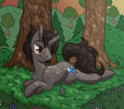 Size: 3109x2730 | Tagged: safe, artist:roy, oc, oc only, oc:shooting star, pony, forest, high res, prone, smiling, solo, tree