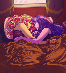 Size: 2700x3000 | Tagged: safe, alternate version, artist:overlordneon, sunset shimmer, twilight sparkle, equestria girls, g4, bed, bedsheets, clothes, cuddling, cuddling in bed, duo, duo female, female, high res, lesbian, morning ponies, pillow, ship:sunsetsparkle, shipping, sleeping, sleeping together, smiling, window