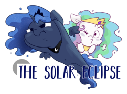 Size: 1800x1337 | Tagged: safe, artist:midnightpremiere, princess celestia, princess luna, alicorn, pony, g4, alicorn eclipse, belly, belly button, cartoon, chibi, duo, eclipse, female, flying, mare, simple background, solar eclipse, text, transparent background