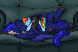 Size: 1024x686 | Tagged: dead source, safe, artist:riverofdreams, artist:roy, rainbow dash, oc, oc only, oc:neutrino burst, hippogriff, pony, g4, couch, hug, pillow, plushie, sleeping, unshorn fetlocks