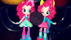 Size: 960x540 | Tagged: safe, pinkie pie, equestria girls, g4, cookie, doll, duality, equestria girls minis, eqventures of the minis, female, food, irl, oreo, photo, rainbow rocks outfit, self paradox, toy