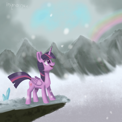 Size: 1700x1700 | Tagged: safe, artist:hypno, twilight sparkle, alicorn, pony, g4, female, mountain, mountain range, rainbow, snow, solo, twilight sparkle (alicorn)