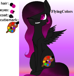 Size: 392x400 | Tagged: safe, artist:thefoxgal133, oc, oc only, oc:flying colors, pegasus, pony, grin, one eye closed, paintbrush, pegasus oc, reference sheet, smiling, wings, wink