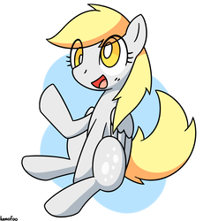 Size: 1393x1408 | Tagged: safe, artist:kemofoo, derpy hooves, pegasus, pony, g4, abstract background, female, mare, sitting, smiling, solo, waving