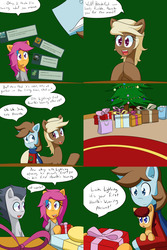 Size: 1600x2400 | Tagged: safe, artist:jake heritagu, chip mint, rain catcher, rumble, scootaloo, oc, oc:lightning blitz, oc:sandy hooves, earth pony, pegasus, pony, comic:ask motherly scootaloo, g4, ask, baby, baby pony, christmas, christmas sweater, christmas tree, clothes, colt, comic, father and son, female, hairpin, holding a pony, holiday, male, mare, motherly scootaloo, offspring, older, older rumble, older scootaloo, parent:rain catcher, parent:scootaloo, parents:catcherloo, present, scarf, starry eyes, sweater, sweatshirt, tree, tumblr, wingding eyes