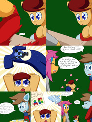 Size: 2400x3200 | Tagged: safe, artist:jake heritagu, chip mint, nightmare moon, rain catcher, scootaloo, oc, oc:lightning blitz, pegasus, pony, comic:ask motherly scootaloo, g4, baby, baby pony, building blocks, christmas sweater, clothes, colt, comic, father and son, female, footed sleeper, hairpin, heart, high res, item get, male, mother and son, motherly scootaloo, offspring, older, older scootaloo, pajamas, parent:rain catcher, parent:scootaloo, parents:catcherloo, present, scarf, shirt, sweater, sweatshirt, the legend of zelda, toy train