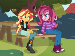 Size: 1024x768 | Tagged: safe, artist:mlp-trailgrazer, sunset shimmer, oc, oc:contralto, equestria girls, g4, clothes, commission, converse, disguised siren, female, human female, shoes, show accurate, sitting, sneakers, tree