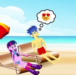 Size: 600x589 | Tagged: safe, flash sentry, twilight sparkle, equestria girls, g4, beach, boots, clothes, elsagate, emoji, female, male, pictogram, pregnant, ship:flashlight, shipping, shoes, shorts, straight, toy channel animations, why, youtube link