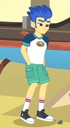 Size: 285x519 | Tagged: safe, screencap, flash sentry, equestria girls, g4, legend of everfree, camp everfree outfits, clothes, converse, cropped, hand in pocket, looking down, male, rock, shoes, shorts, sneakers, socks, solo