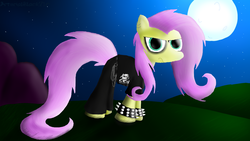 Size: 1600x900 | Tagged: safe, artist:arterialblack716, fluttershy, pegasus, pony, g4, angry, atg 2016, belt, chains, clothes, death metal, deathcore, ear piercing, eyeshadow, female, frown, goth, grass, hill, looking at you, makeup, messy mane, moon, mountain, newbie artist training grounds, night, pants, piercing, shirt, sky, solo, spiked wristband, standing, stars, wristband