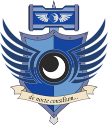 Size: 1112x1281 | Tagged: safe, artist:walkcow, nightmare moon, princess luna, g4, coat of arms, cutie mark, hammer, heraldry, latin, motto, new lunar republic, no pony, shield, simple background, transparent background, vector, weapon, wings