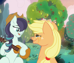 Size: 1532x1304 | Tagged: safe, artist:ficklepickle9421, applejack, coloratura, pony, g4, crying, female, guitar, lesbian, musical instrument, ship:rarajack, shipping, story included