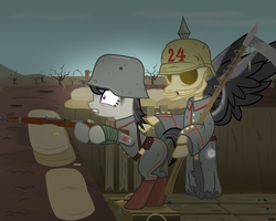Size: 7000x5600 | Tagged: safe, artist:a4r91n, octavia melody, earth pony, pony, skeleton pony, g4, absurd resolution, barbed wire, bipedal, bone, boots, bullet, bullet casing, butt, clothes, crate, crater, fear, female, frown, grim reaper, gritted teeth, gun, hoof hold, kriegtavia, mare, military uniform, pickelhaube, plot, pocket watch, rifle, sandbag, scared, scythe, shoes, skeleton, stahlhelm, tail wrap, tattered, terrified, trench, uniform, weapon, wide eyes, world war i
