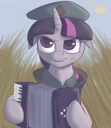 Size: 2000x2300 | Tagged: safe, artist:jellerjar, twilight sparkle, pony, unicorn, g4, accordion, dat face soldier, female, floppy ears, high res, mare, meme, military, musical instrument, reference, remove kebab, serbia strong, solo