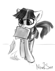 Size: 676x870 | Tagged: safe, artist:inowiseei, twilight sparkle, earth pony, pony, cute, female, grayscale, monochrome, mouth hold, nom, paper, race swap, sketch, smiling, solo