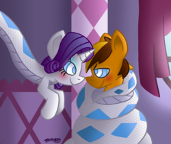 Size: 900x760 | Tagged: safe, artist:snakeythingy, rarity, oc, oc:mercfox, lamia, original species, pegasus, unicorn, g4, art trade, canon x oc, carousel boutique, coils, female, horn, hypnosis, kaa eyes, lamiafied, lamity, looking at each other, male, mare, mind control, pegasus oc, species swap, stallion, stallion oc, story included