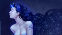 Size: 3810x2175 | Tagged: safe, artist:chirun, princess luna, human, g4, ear piercing, earring, female, high res, horn, horned humanization, humanized, jewelry, piercing, realistic, solo
