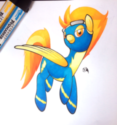 Size: 539x577 | Tagged: safe, artist:wings-dragon, spitfire, pegasus, pony, g4, clothes, female, looking at you, mare, marker, marker drawing, photo, simple background, solo, traditional art, uniform, white background, wonderbolts uniform