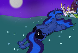 Size: 1500x1019 | Tagged: safe, artist:sailoranna, princess luna, alicorn, pony, g4, butt, canterlot, female, looking back, moonbutt, night, plot, prone, solo, underhoof