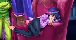 Size: 1275x680 | Tagged: safe, artist:racoonsan, thorax, twilight sparkle, alicorn, changedling, changeling, human, g4, triple threat, armchair, ass, barefoot, bedroom eyes, blue hair, book, bookshelf, butt, cape, chair, clothes, cropped, crossed arms, eyelashes, feet, female, glowing horn, horn, horned humanization, humanized, indoors, jeans, king thorax, levitation, light skin, long hair, magic, male, multicolored hair, pants, pink hair, purple hair, reading, scene interpretation, smiling, standing, telekinesis, twibutt, twilight sparkle (alicorn), twilight's castle, winged humanization, wings