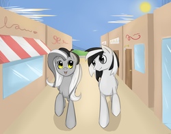 Size: 2447x1929 | Tagged: safe, artist:violentdreamsofmine, oc, oc only, oc:musicker, oc:slashy, pony, beret, female, hat, male, mare, stallion, walking