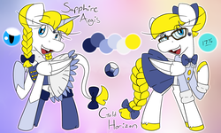 Size: 2500x1500 | Tagged: safe, artist:rosexknight, oc, oc only, oc:gold horizon, oc:sapphire aegis, pegasus, pony, blonde, blonde hair, blue eyes, boots, bow, bowtie, braided pigtails, braided tail, clothes, fake horn, gem, glasses, hair bow, hair bun, jewelry, leonine tail, magical girl, magical girl outfit, reference sheet, school uniform, shoes, skirt, tail bow, tiara