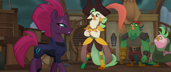Size: 2048x858 | Tagged: safe, screencap, boyle, captain celaeno, lix spittle, tempest shadow, parrot pirates, anthro, g4, my little pony: the movie, amputee, broken horn, eye scar, hook, horn, peg leg, pirate ship, prosthetic leg, prosthetic limb, prosthetics, scar