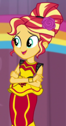Size: 377x717 | Tagged: safe, screencap, sunset shimmer, equestria girls, equestria girls specials, g4, my little pony equestria girls: dance magic, alternate hairstyle, clothes, cropped, cute, dress, female, flamenco dress, flower, flower in hair, open mouth, shimmerbetes, solo, stage, sunset shimmer flamenco dress