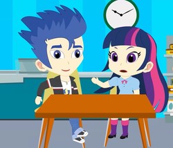 Size: 843x720 | Tagged: dead source, safe, flash sentry, twilight sparkle, equestria girls, g4, clock, cropped, elsagate, smiling, table, thousand yard stare, toy channel animations, youtube link