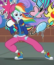 Size: 511x613 | Tagged: safe, screencap, rainbow dash, equestria girls, g4, get the show on the road, my little pony equestria girls: summertime shorts, backwards ballcap, baseball cap, breakdancing, cap, clothes, converse, cropped, female, hat, jacket, open mouth, pants, rapper dash, sexy, shoes, sneakers, solo, zoomed in