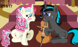 Size: 2869x1752 | Tagged: safe, artist:cinnamon-swirls, oc, oc only, oc:creamcake daze, oc:harmonic palette, pony, unicorn, blushing, cello, female, heart eyes, magical lesbian spawn, male, musical instrument, oc x oc, offspring, offspring shipping, parent:bon bon, parent:lyra heartstrings, parent:octavia melody, parent:vinyl scratch, parents:lyrabon, parents:scratchtavia, shipping, story in the source, straight, wingding eyes