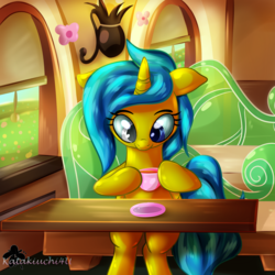Size: 3000x3000 | Tagged: safe, artist:katakiuchi4u, oc, oc only, pony, unicorn, clothes, commission, drink, high res, hoof hold, plate, sitting, table, train