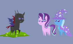 Size: 642x390 | Tagged: safe, artist:agrol, pharynx, starlight glimmer, trixie, pony, g4, season 7, to change a changeling, animated, female, gif, pointy ponies, simple background