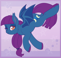Size: 750x716 | Tagged: safe, artist:lulubell, oc, oc only, oc:blue moon, bat pony, pony, abstract background, female, mare, one eye closed, simple background, slit pupils, solo, unshorn fetlocks, wink