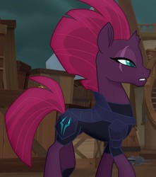 Size: 756x857 | Tagged: safe, screencap, tempest shadow, pony, unicorn, g4, my little pony: the movie, armor, broken horn, concave belly, cropped, eye scar, female, horn, lidded eyes, mare, scar, side view, slender, solo, thin, walking