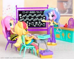 Size: 1080x868 | Tagged: safe, applejack, fluttershy, princess celestia, principal celestia, equestria girls, g4, doll, equestria girls minis, eqventures of the minis, irl, music, photo, rainbow rocks outfit, toy