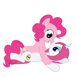 Size: 2000x2000 | Tagged: safe, artist:mlpconjoinment, pinkie pie, oc, oc:vocal love, earth pony, pony, unicorn, g4, boop, canon x oc, conjoined, cutie mark, fusion, high res, irony, karma, noseboop, pink mane, pinned down, simple background, stuck together, tackled, this will end in tears, together forever, transparent background, we have become one, worried