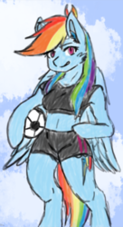 Size: 489x900 | Tagged: safe, artist:x3nv, rainbow dash, anthro, g4, arm hooves, athletic, belly button, clothes, football, sports