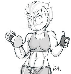 Size: 1280x1350 | Tagged: safe, artist:bluecoffeedog, spitfire, pegasus, anthro, g4, abs, clothes, female, fingerless gloves, fitfire, gloves, muscles, sketch, solo, sports bra, weight lifting, weights, workout outfit