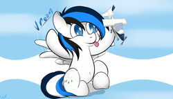 Size: 3500x2000 | Tagged: safe, artist:cloufy, oc, oc only, oc:waver, pegasus, pony, aircraft, cutie mark, high res, plane, simple background, solo, standing, standing on one leg, text, tongue out, toy, white background