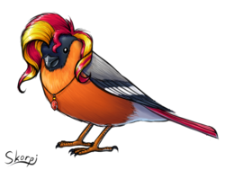 Size: 1308x989 | Tagged: safe, artist:skorpionletun, sunset shimmer, bird, bullfinch, g4, birb, birdified, chest fluff, jewelry, male, necklace, rule 63, signature, simple background, solo, species swap, wat, white background