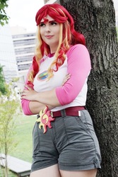 Size: 890x1334 | Tagged: safe, artist:maddymoiselle, sunset shimmer, human, equestria girls, g4, my little pony equestria girls: legend of everfree, belt, camp everfree, camp everfree outfits, clothes, cosplay, costume, crossed arms, irl, irl human, outdoors, photo, shirt, shorts, smiling, solo, tree, wig