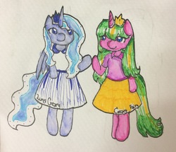 Size: 2339x2014 | Tagged: safe, artist:creamyfairy, princess luna, oc, oc:sparkle fairy, unicorn, anthro, unguligrade anthro, g4, anthro oc, clothes, dress, high res, traditional art, watercolor painting