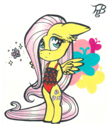 Size: 1024x1162 | Tagged: safe, artist:tillie-tmb, fluttershy, pegasus, pony, g4, bipedal, chibi, clothes, cute, female, heart eyes, legs together, looking at you, looking sideways, mare, one-piece swimsuit, shyabetes, solo, swimsuit, traditional art, wingding eyes, wings