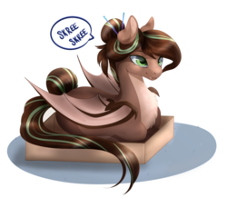 Size: 1024x936 | Tagged: safe, artist:csox, oc, oc only, oc:cocoa dot, bat pony, pony, bat pony oc, behaving like a cat, box, cute, cute little fangs, eeee, fangs, female, if i fits i sits, lying, mare, pony in a box, ponyloaf, prone, shadow, simple background, skree, solo, white background