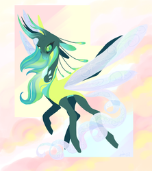 Size: 800x900 | Tagged: safe, artist:creeate97, queen chrysalis, changedling, changeling, changeling queen, g4, cloud, female, flying, looking at you, purified chrysalis, slit pupils, solo, spread wings, wings