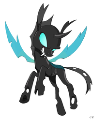 Size: 1215x1388 | Tagged: safe, artist:carrieoky, changeling, fangs, horn, simple background, solo, white background, wings