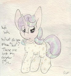 Size: 692x745 | Tagged: safe, artist:slightlyshade, starlight glimmer, pony, unicorn, g4, clothes, dialogue, female, footed sleeper, pajamas, solo, traditional art